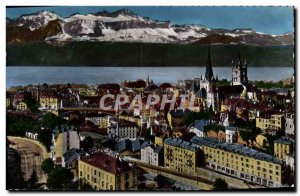 Modern Postcard Lausanne Cathedral Bessieres Bridge and the Alps