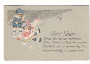 Merry Xmas, Girl With Presents Falls In Snow, Vintage 1924 Christmas Postcard