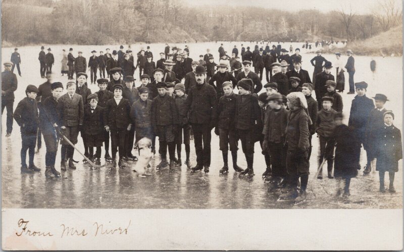 Outdoor Ice Skaters Hudson NY Cancel Skating White Dog Real Photo Postcard G95