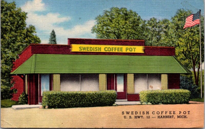 Linen Postcard Swedish Coffee Pot U.S. Highway 12 in Harbert, Michigan