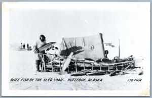 KOTZEBUE ALASKA ESKIMO SHEE FISH BY SLED LOAD VINTAGE REAL PHOTO POSTCARD RPPC