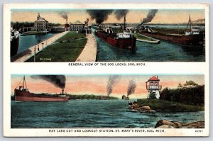 Soo Locks Michigan Boats Hay Lake Cut Lookout Station St. Mary's River Postcard