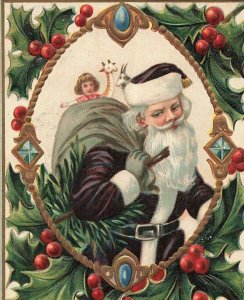 c1910 Purple Santa Claus Toys Gold Jewels Holly Germany Christmas P332 