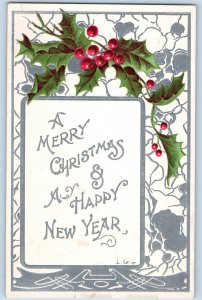 Christmas New Year Postcard Holly Berries Embossed Norwood MA 1907 Antique