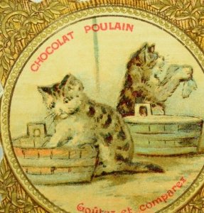 1870's-80's Anthropomorphic Kittens Cats Doing Laundry Chocolat Poulain Card F93