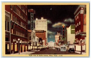 c1940's Night View of Austin Avenue Waco Texas TX Vintage Unposted Postcard 