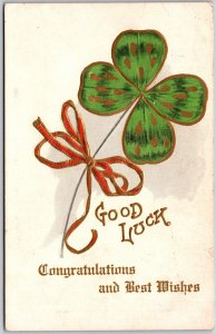 Good Luck Congratulations & Best Wishes, 1908 Four-Leaf Clover, Ribbon, Postcard