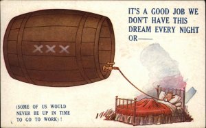 Man Comic Sleeping Dreaming of Drinking Beer Keg  1920s-30sPostcard