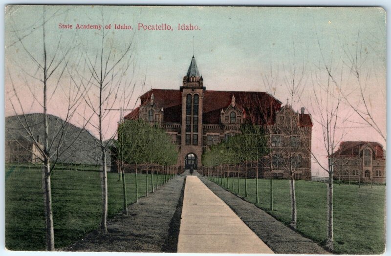 c1910s Pocatello, ID State Academy Bare Trees Rare View Postcard College A115