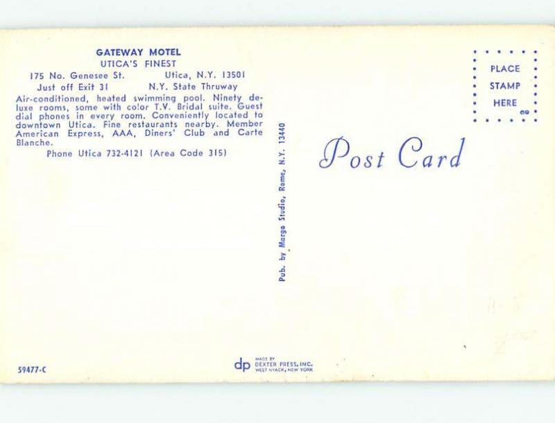 Unused Pre-1980 GATEWAY MOTEL Utica New York NY M1163-12