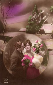 VINTAGE POSTCARD HAPPY NEW YEAR ROMANTIC COUPLE WINTER SCENE 1921