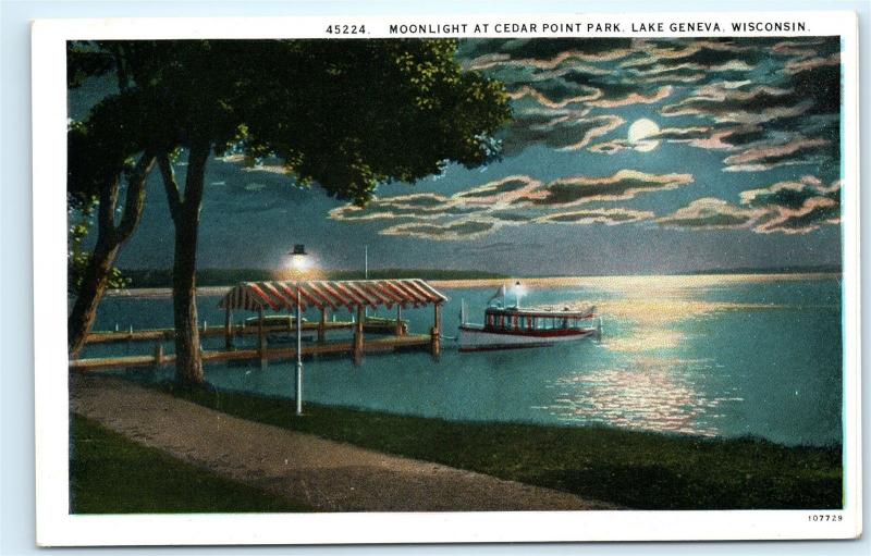 Lake Geneva Wisconsin Cedar Point Park Boat Dock Night Full Moon Postcard D58