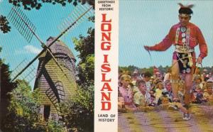 New York Greetings From Long Island Showing Windmill & Indian Hoop Dance