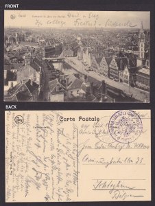 BELGIUM 1915, Censored postcard, Ghent, Panorama of the Quai aux Herbes, WWI