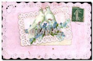 Old Postcard Fantasy Flowers Doves Embroidery