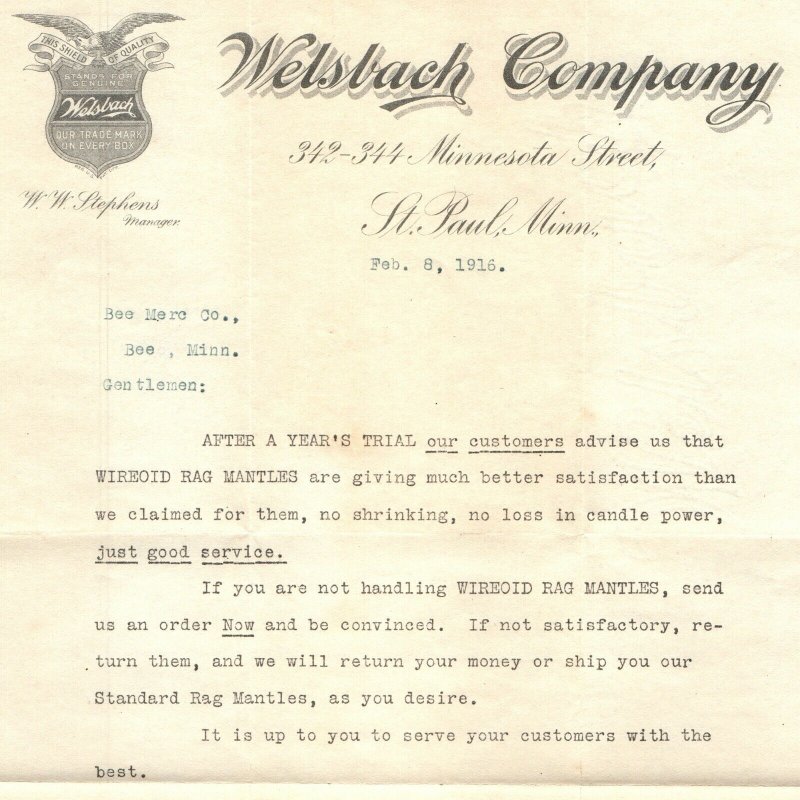 1916 St Paul, MN Welsbach Company Letterhead Advertising Letter Mantle Bee MN R1