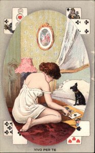 Risque Playing Cards Tarot? Fortune Woman Lingerie Bedroom c1910 Postcard