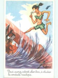 foreign Old Comic signed FRENCH WOMAN FALLING FROM BOAT AC3424@