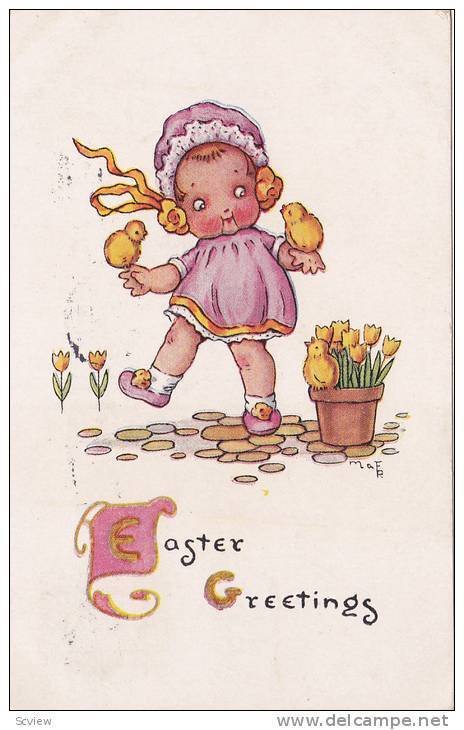 AS: Easter Greetings, Toddler holding two chicks, Potted tulips, PU-1916