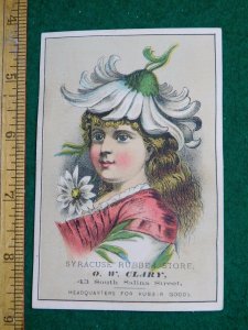 1870s-80s Syracuse Rubber Store Girl White Flower Hat Victorian Trade Card F34