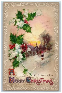 1911 Christmas Holly Berries Covered Snow People Dog John Winsch Posted Postcard