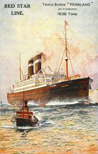 c.'06, Red Star Line, Steam Ship, T.S.S Pennland, by Cassiels, Old Postcard