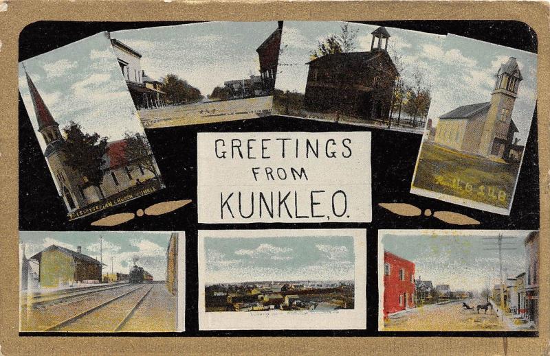 E17/ Kunkle Ohio Postcard 1912 Greetings 7View Railroad Depot Main St School