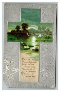 Vintage 1910's Tuck's Easter Postcard Silver Face Cross Nice Lake Lilly Pads