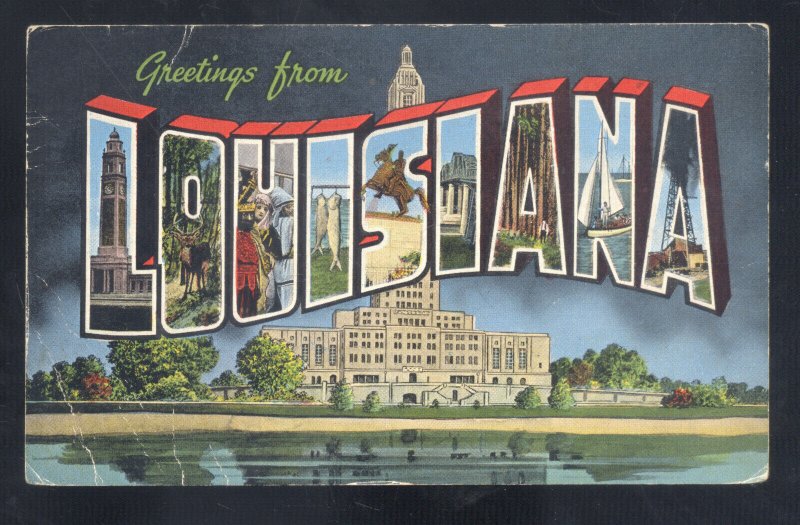GREETINGS FROM LOUISIANA VINTAGE LARGE LETTER LINEN POSTCARD