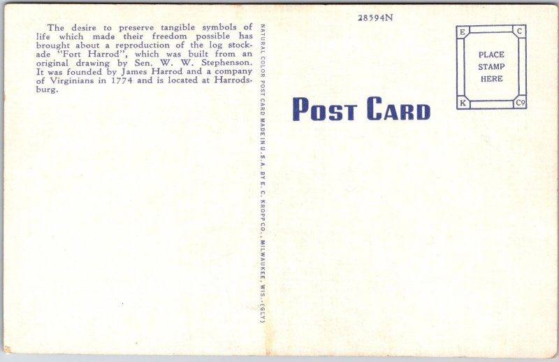 Kentucky KY, Fort Harrod, Harrodsburg, Countryside, Greenfield, Vintage Postcard