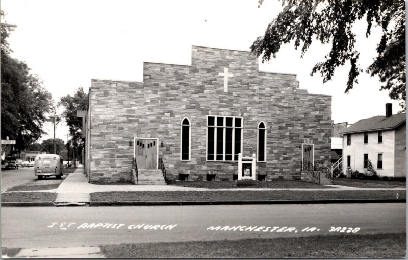 Real Photo Postcard First Baptist Church in Manchester, Iowa