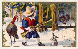 Pilgrim Boy Hunting for Turkey Thanksgiving Greeting  DB