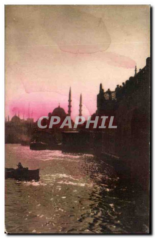 Old Postcard The Sunset on Istanbul's Yeni Jami Mosque and the new bridge Turkey