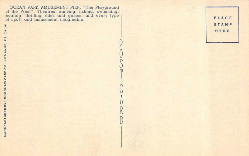 CA, California  OCEAN PARK AMUSEMENT PIER~Park  ROLLER COASTER  c1940's Postcard