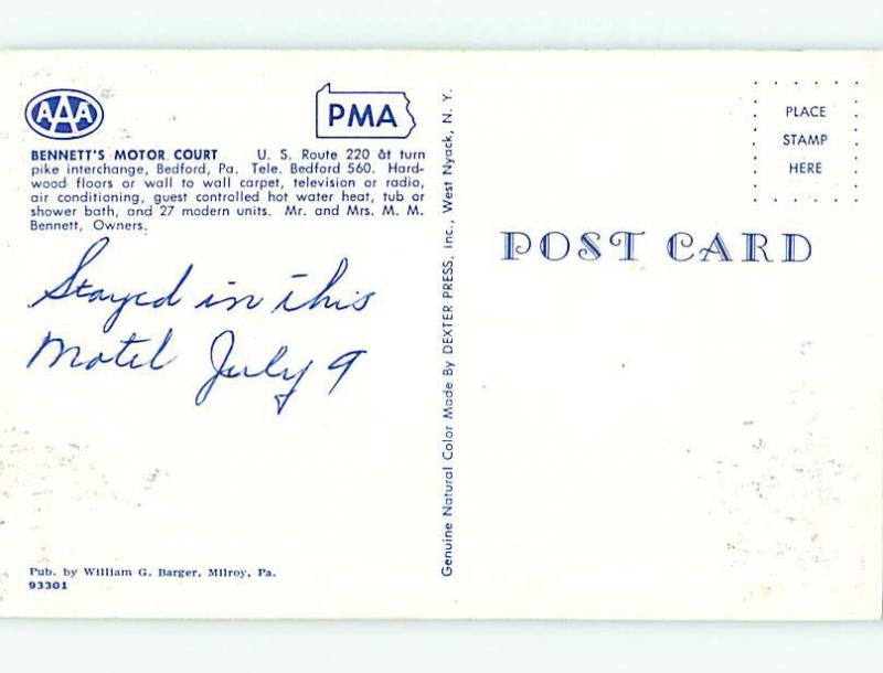 1950's OLD CARS & BENNETT'S MOTOR COURT MOTEL Bedford Pennsylvania PA s9802