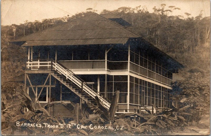 Vtg Barracks Troop D 12th Cavalry Corozal C.Z. Panama Canal Zone RPPC Postcard 