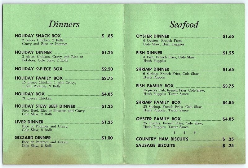 1960s MORGANTON NC HOLIDAY FRIED CHICKEN EAST UNION ST DAILY MENU Z3810