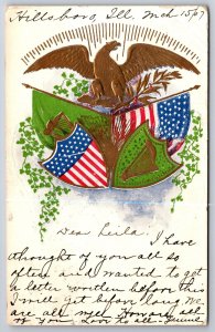 Hillsboro Illinois~Gold Eagle On American & Irish Flags & Shields~Embossed~1907