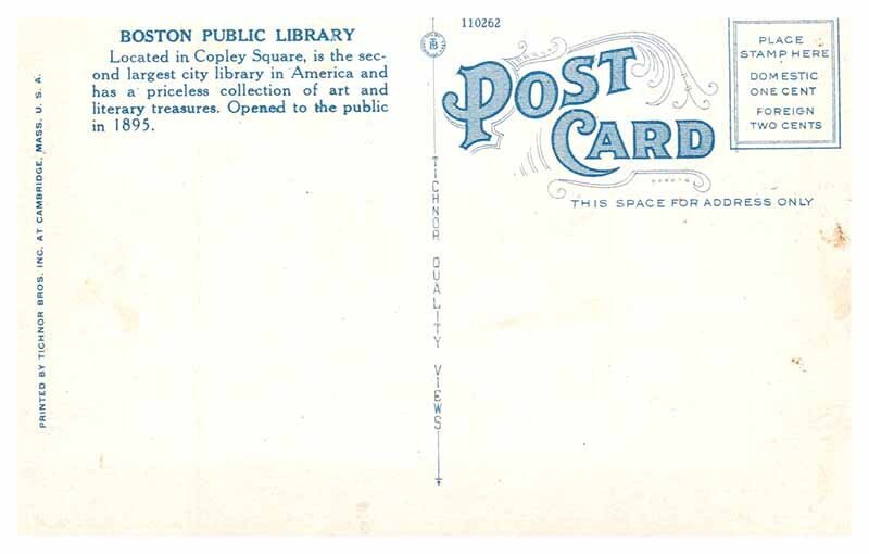 Postcard LIBRARY SCENE Boston Massachusetts MA AR7579