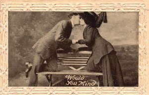 Vintage Postcard Lovers Couple Kisising On Bench Moments Together Romance