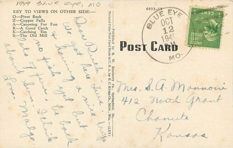 Blue Eye Missouri 1949 Large Letters Multi View Ozarks Kropp Postcard 20-11569