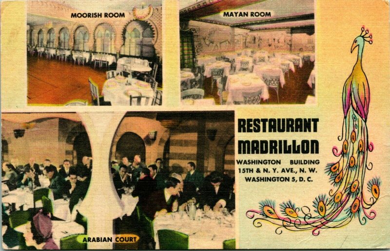 Vtg Linen Postcard - Restaurant Madrillon Washington DC Multi View w Peacock