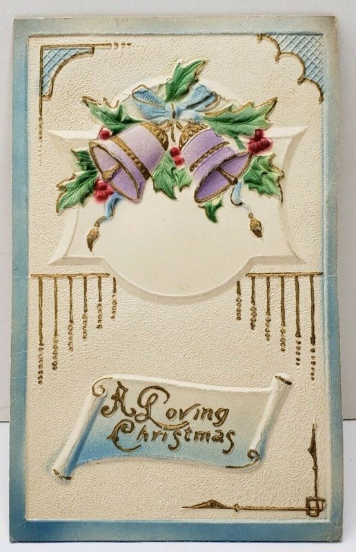 Loving Christmas Bells Heavily Embossed Airbrushed  Hollyberry Postcard D10