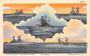 US Navy Warships Multi View Ships WWII era linen postcard