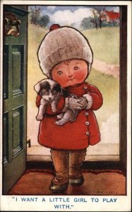 EA Overnell Little Girl with Puppy Dog Art Kids Vintage Postcard