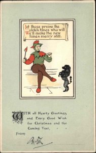 CHRISTMAS Clown Jester w Performing Dog Antique Postcard