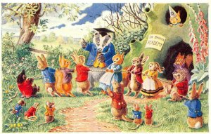 Tug O' War Rabbits Art by Racey Helps Fantasy Illustration ca 1960s Postcard