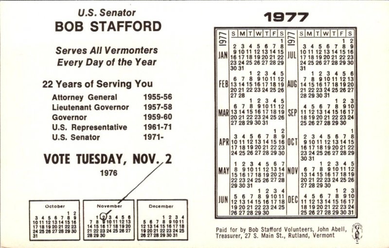 Vermont, Rutland - Senator Bob Stafford & Calendar - [VT-146]