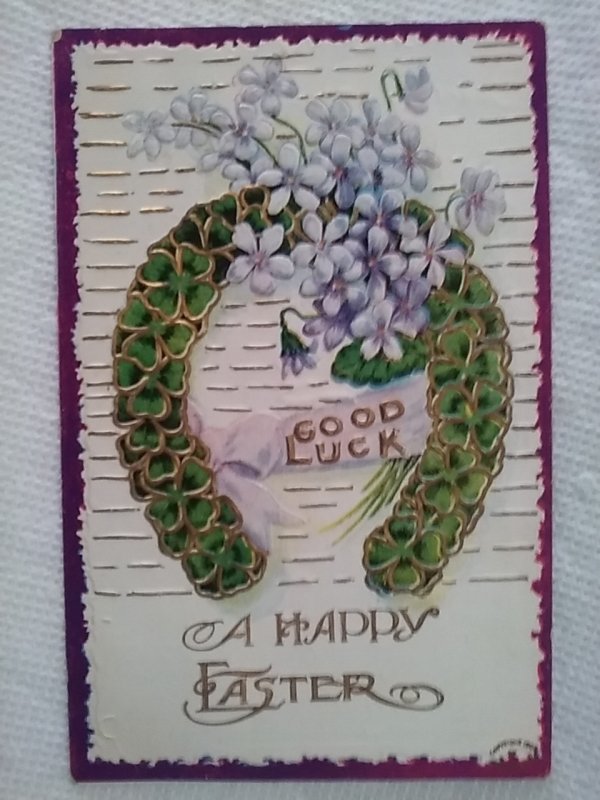 Easter Good Luck Clover Gold Embossed postcard Ullman Manufacturing Co