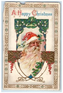 1912 Christmas Santa Claus Holly Berries Mistletoe Embossed Antique Postcard